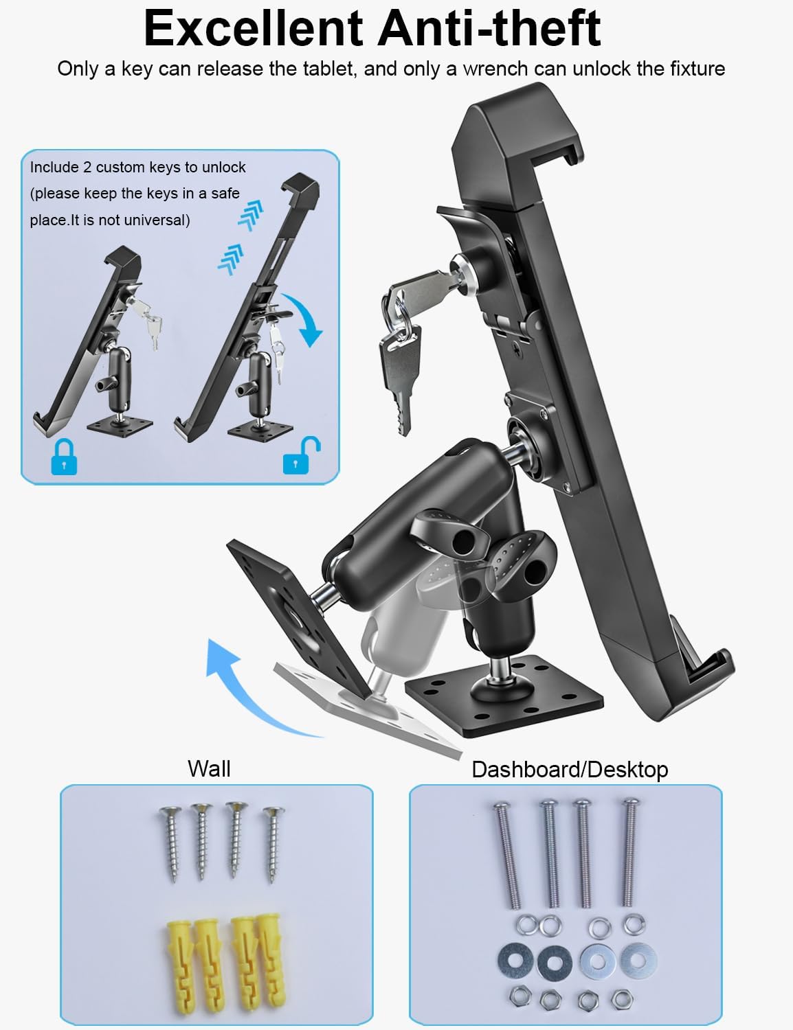 woleyi Anti Theft Heavy Duty Drill Base Tablet Holder Car Mount Dashboard for Truck/Vehicle with Security Lock and Key, Compatible with iPad Pro/Air/Mini, Galaxy Tabs, More 7-11" Tablets