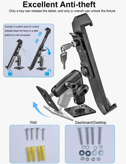 woleyi Anti Theft Heavy Duty Drill Base Tablet Holder Car Mount Dashboard for Truck/Vehicle with Security Lock and Key, Compatible with iPad Pro/Air/Mini, Galaxy Tabs, More 7-11" Tablets