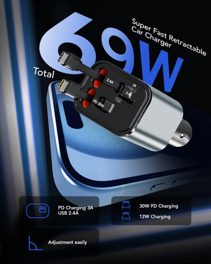 Retractable Car Charger, 4 in 1 Fast Car Phone Charger 66W, 2 Retractable Cables and 2 USB Port, Compatible with iPhone 16/15/14/13/12/11,Galaxy,Pixel