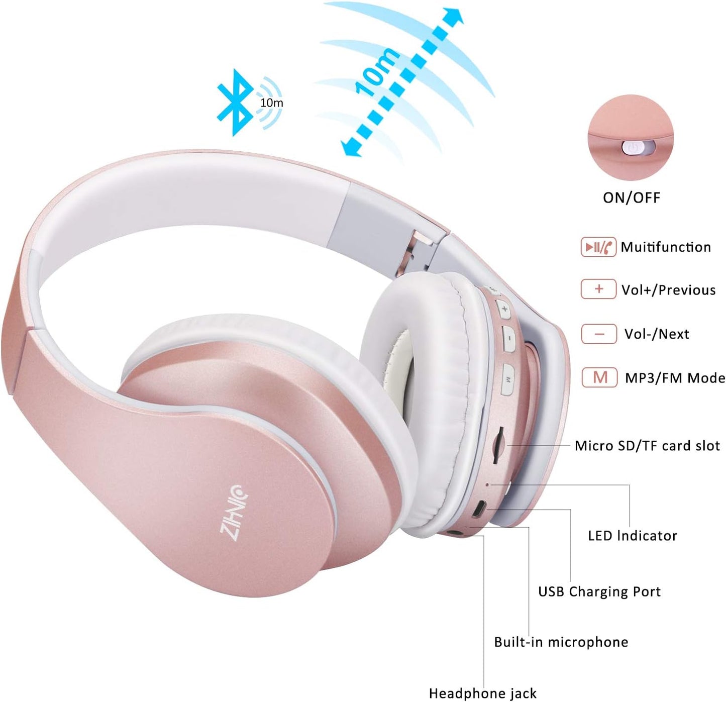 ZIHNIC Bluetooth Headphones Over-Ear, Foldable Wireless and Wired Stereo Headset Micro SD/TF, FM for Cell Phone,PC,Soft Earmuffs &Light Weight for Prolonged Wearing(Rose Gold)