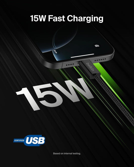 Belkin USB A to USB C Cable, 6.6ft, 15W - Type C Charger, iPhone Charger Cord, Soft, Braided, Flexible for iPhone 16 & 15, Galaxy S25, Pixel 9, iPad Pro, Airpods Pro, Switch & More - Black