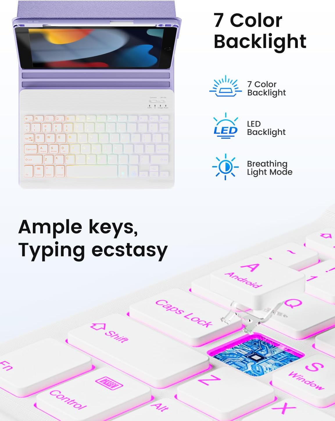 OYEEICE for iPad 9th Generation Case with Keyboard 10.2'' - 7 Color Backlit Wireless Keyboard Cover with Pencil Holder for iPad 9th/8th/7th Gen 10.2 inch, iPad Air 3rd Gen & iPad Pro 10.5" - Purple