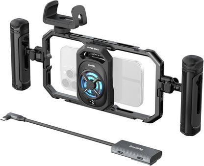 SMALLRIG All-in-One Cooling Dual Handle Phone Cage Kit for iPhone 17/16/Android, 15W Active Cooler & 4-in-1 USB-C Hub, Universal Compatibility 2.5-3.1" Phones, for Live Streaming- 5276