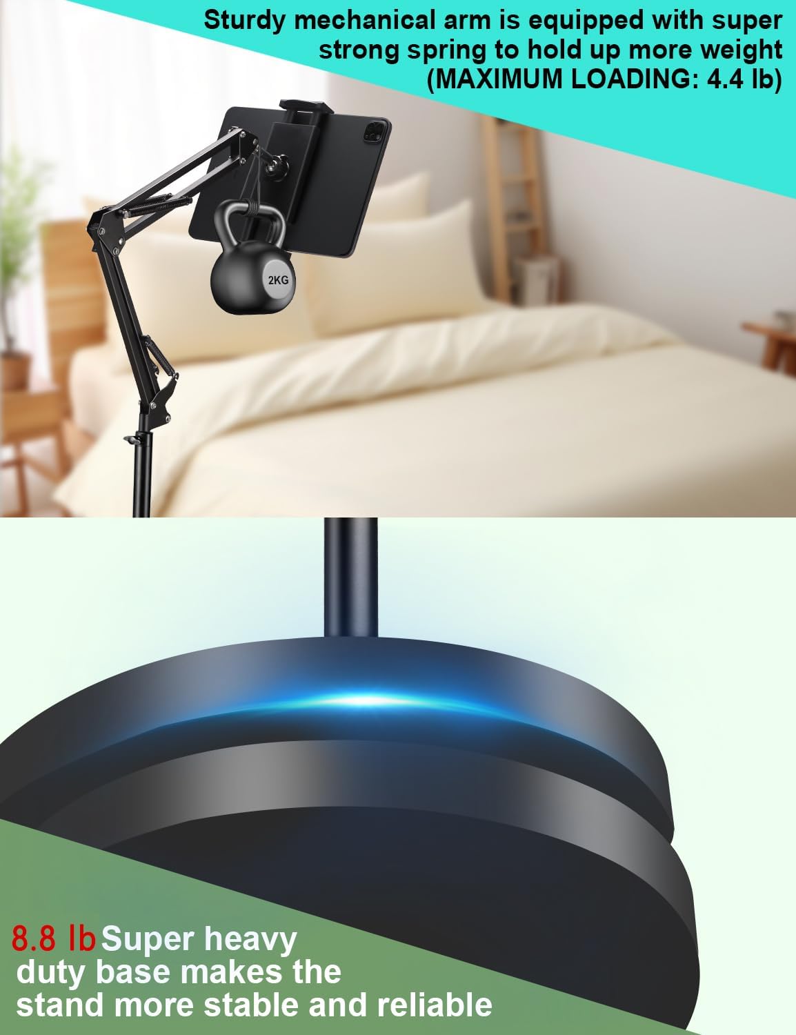 Tablet Floor Stand, Overhead Bed Phone Stand with 8.8 lb Super Stable Base & Angle/Height Adjustable, Compatible with 4.5''-13'' iPhone, iPad Pro 12.9, Galaxy Tab, Kindle, Phones