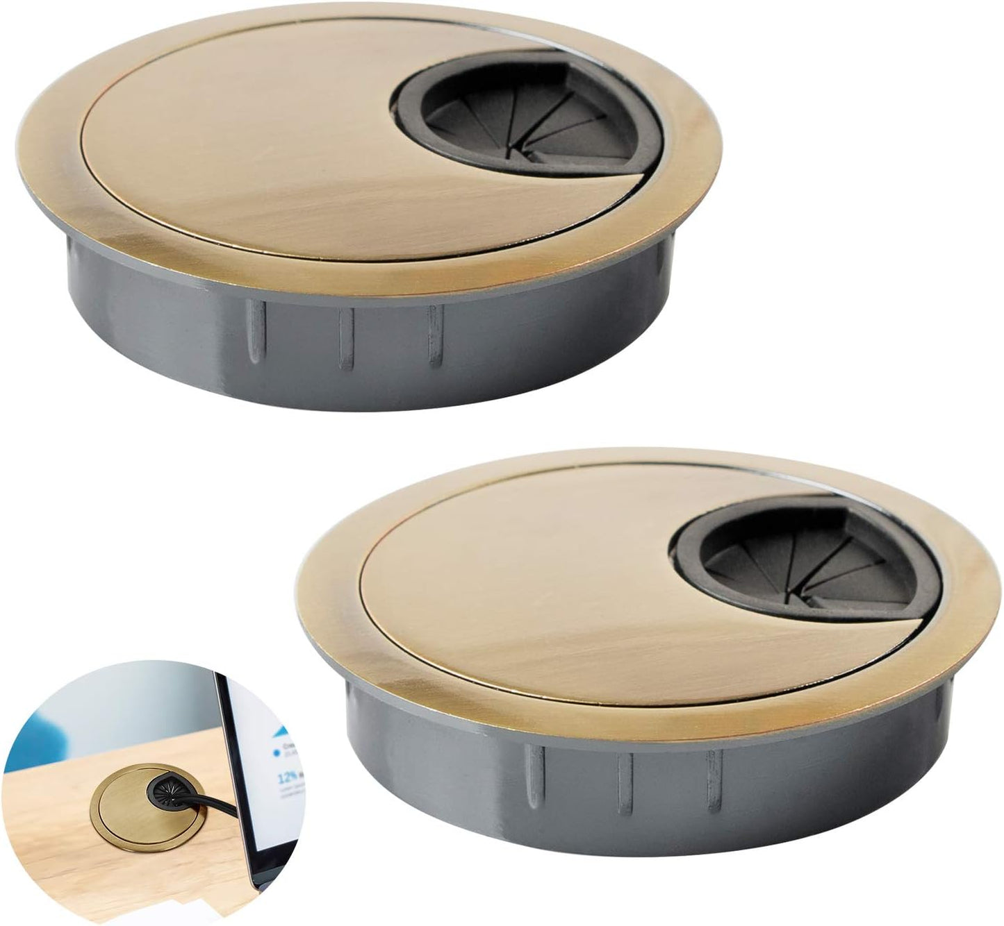 Desk Grommet for Wire Organizer,PC Computer Desk Plastic Grommet Cord, Tidy Cable Hole Cover Organizers,2 Pack (60mm, Gold)