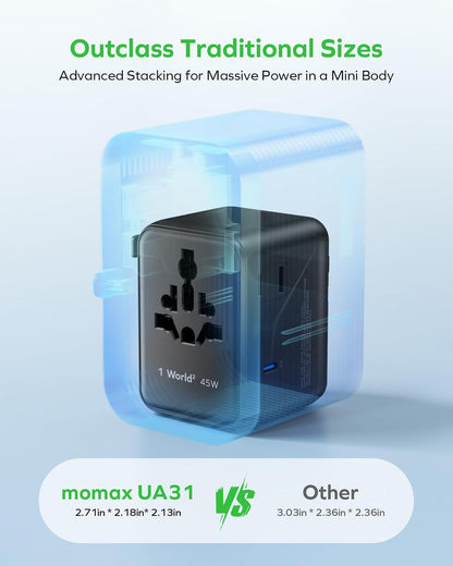 MOMAX Universal Travel Adapter, GaN PD 45W Fast International Power Adapter