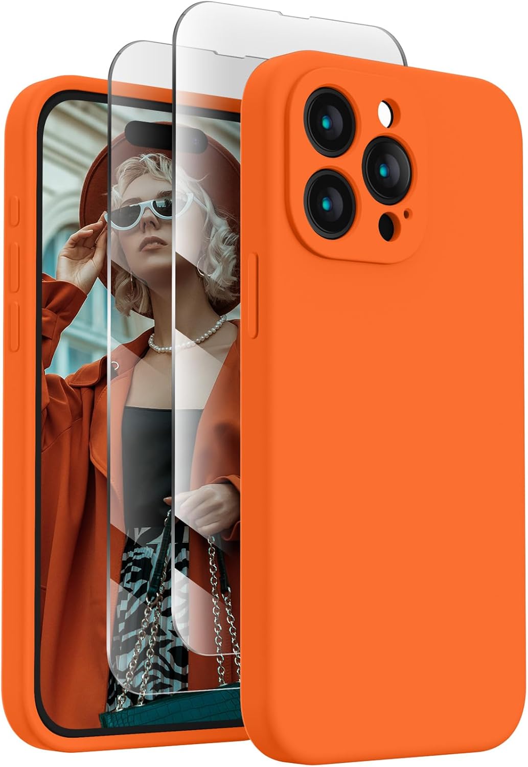 FireNova Designed for iPhone 15 Pro Case, Silicone Upgraded [Camera Protection] Phone Case with [2 Screen Protectors], Soft Anti-Scratch Microfiber Lining Inside, 6.1 inch, Neon Orange