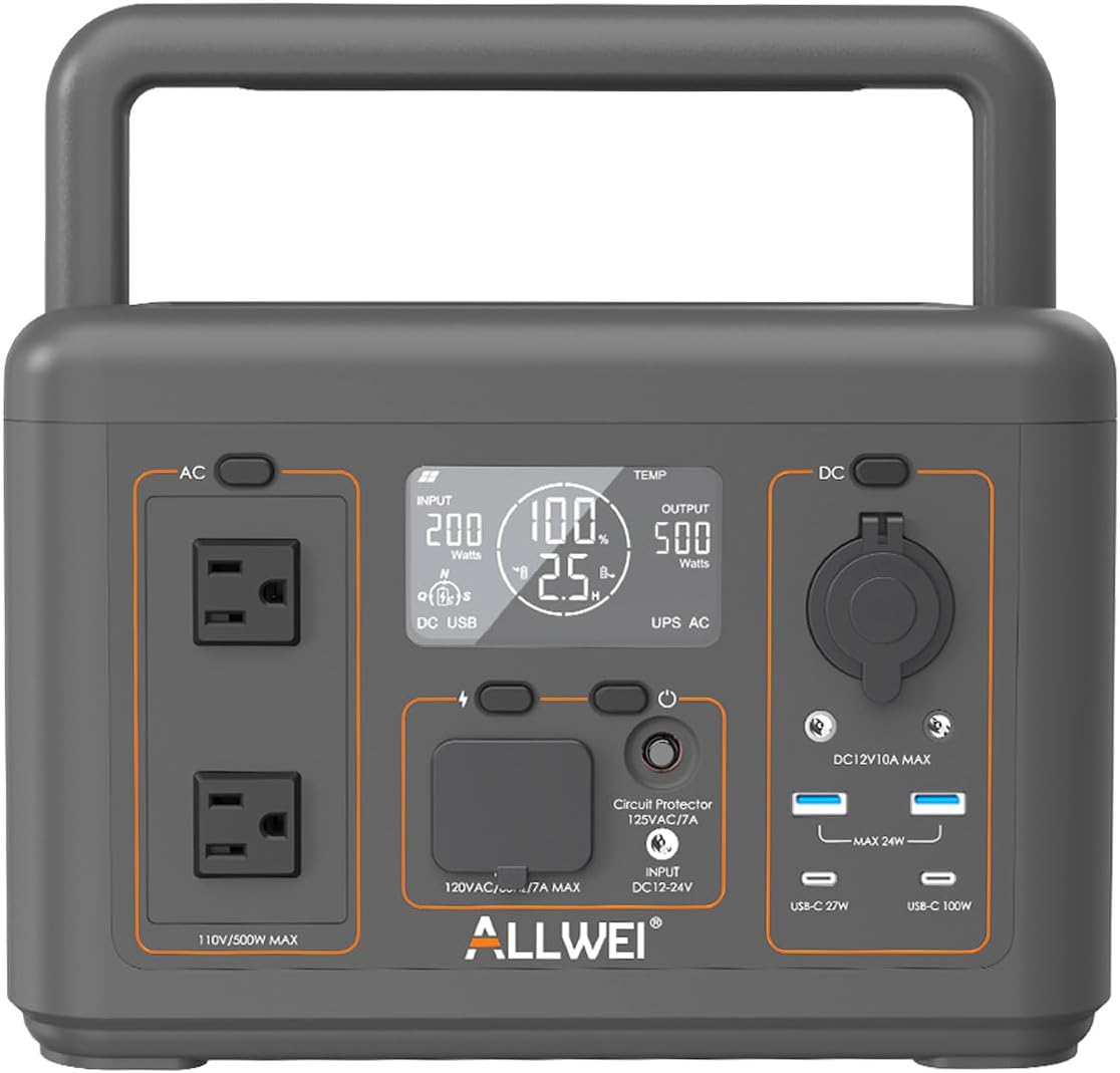 ALLWEI Portable Power Station 500W, 512Wh LiFePO4 Battery, UPS Function, 2.5Hrs Fast Charge, 2 AC Outlets(Surge 1000W), Solar Generator for Outdoor Camping RV CPAP Home Emergency