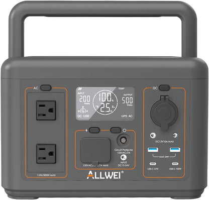 ALLWEI Portable Power Station 500W, 512Wh LiFePO4 Battery, UPS Function, 2.5Hrs Fast Charge, 2 AC Outlets(Surge 1000W), Solar Generator for Outdoor Camping RV CPAP Home Emergency