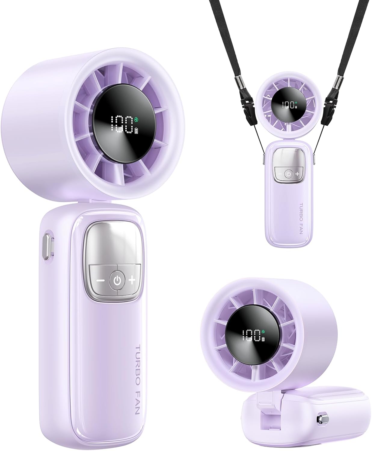3-in-1 Portable Handheld Turbo Fan-100 Speeds, 11000 RPM, 10Hrs Cooling, LED Display, 90° Rotation, USB Rechargeable Battery Powered, Mini Foldable Hand Held Personal Fan for Women Men (Purple)