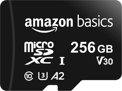 Amazon Basics Micro SDXC Memory Card with Full Size Adapter, A2, U3, Read Speed up to 100 MB/s, 256 GB, Black