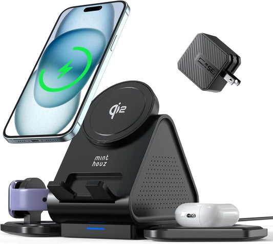 3 in 1 Charging Station, Mag Safe Wireless Charger Stand, Qi2 Certified, 15W Multiple Device Magnetic Charging Station for iPhone 16,15,14,13,12 Series, Apple Watch, AirPods (USB-C Charger Included)