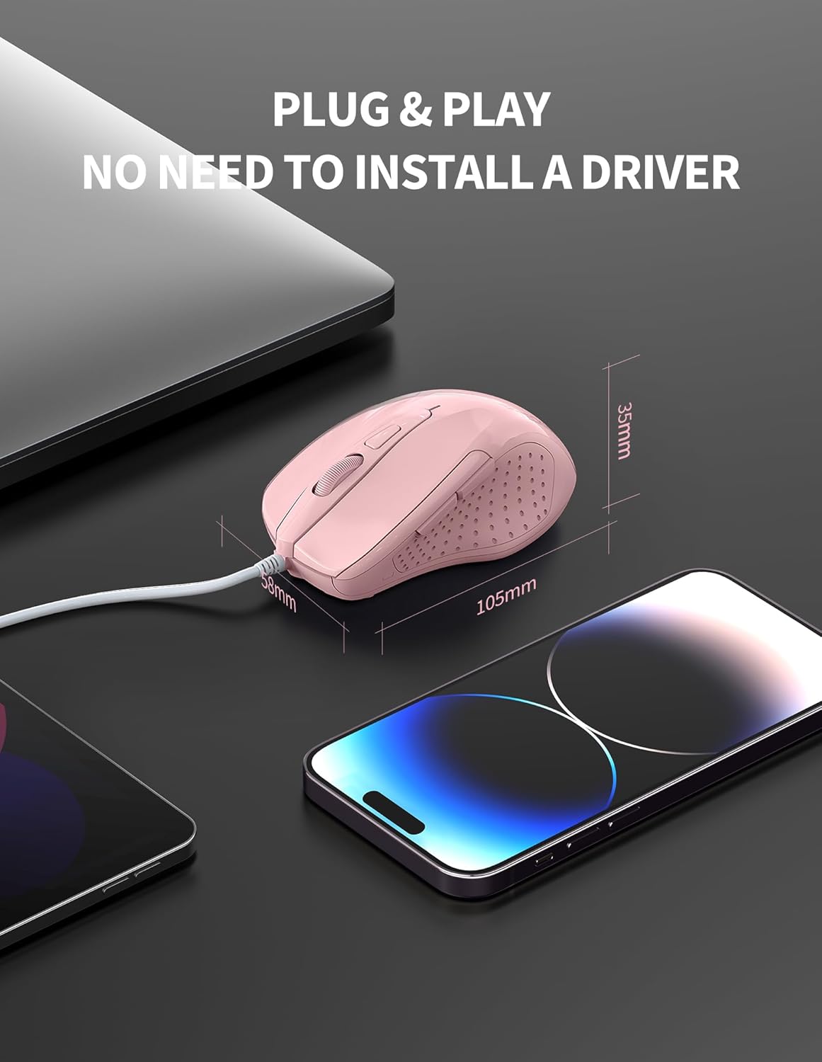 TECKNET Wired Mouse, 6-Button Corded with 4 Adjustable DPI, Optical Ergonomic Design, 5FT Cord for Laptop, Chromebook, PC, Desktop, Mac, Notebook - Pink