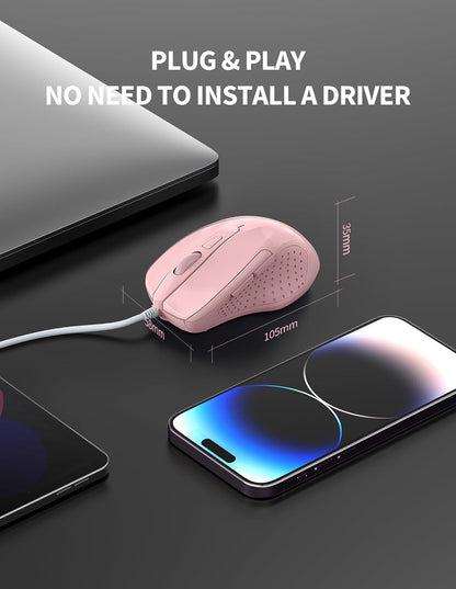 TECKNET Wired Mouse, 6-Button Corded with 4 Adjustable DPI, Optical Ergonomic Design, 5FT Cord for Laptop, Chromebook, PC, Desktop, Mac, Notebook - Pink