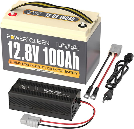 Power Queen 12.8V 100Ah LiFePO4 Battery with 14.6V 20A LiFePO4 Battery Charger; Built-in 100A BMS, Fast and Fully Charged, 4000+ Cycles, Perfect for RV, Trailer, Camping, Solar System