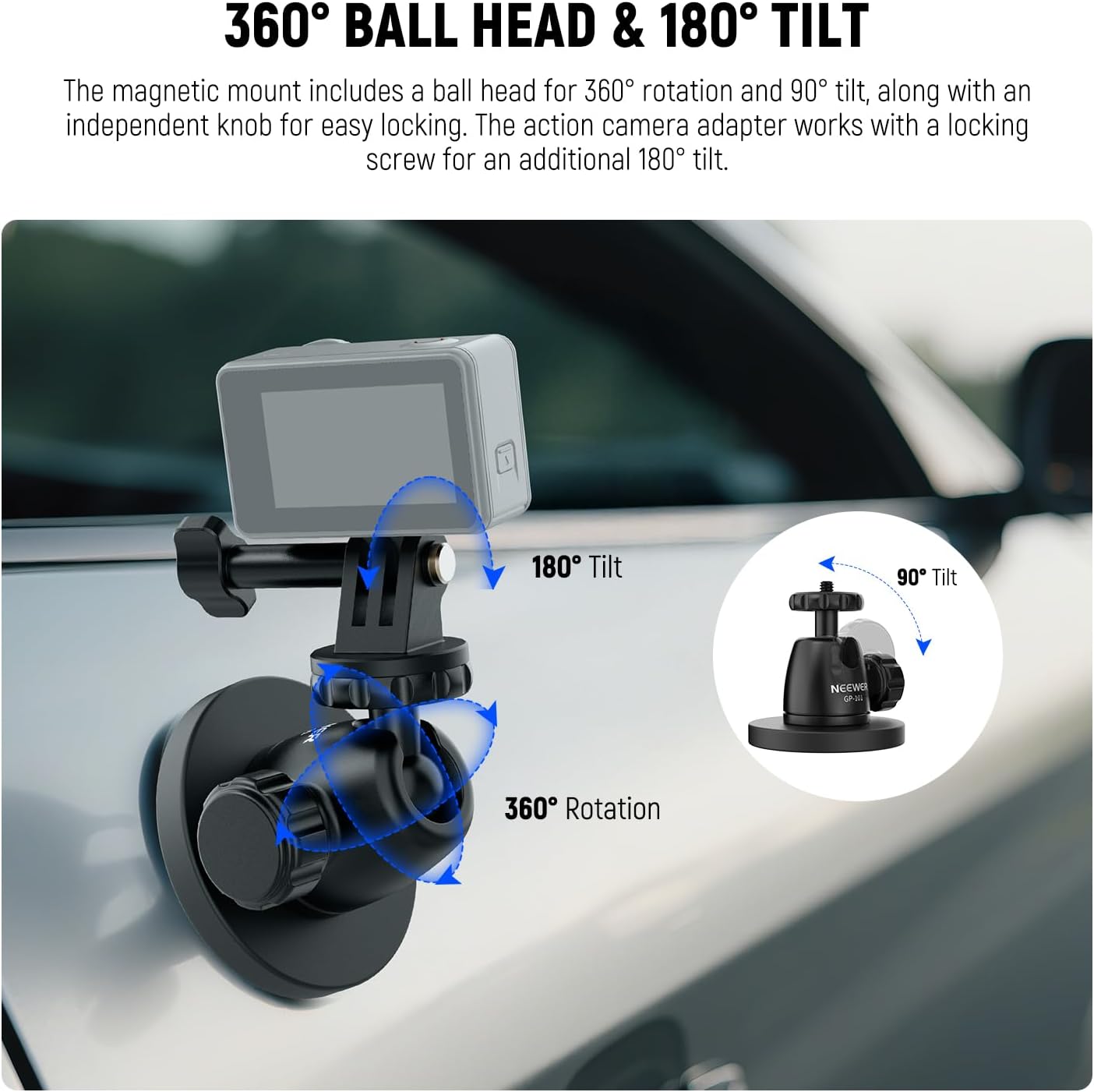NEEWER Basics Magnetic Camera Mount for Action Camera Compatible with GoPro Insta360 DJI AKASO Accessories, Strong Magnet 360° Ball Head Mount for Car Video Recording Live Streaming, GP-101