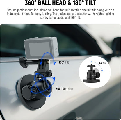 NEEWER Basics Magnetic Camera Mount for Action Camera Compatible with GoPro Insta360 DJI AKASO Accessories, Strong Magnet 360° Ball Head Mount for Car Video Recording Live Streaming, GP-101