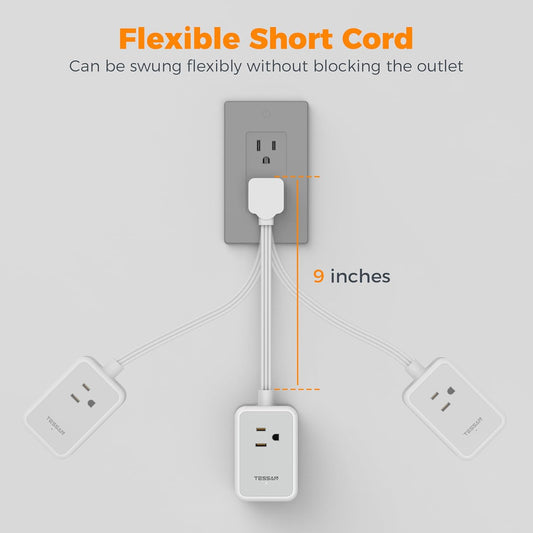 Short Power Strip 9 inch, TESSAN Flat Plug Small Extension Cord with 3 Outlet Extender 3 USB (1 USB-C) Ports, Desk Power Strip for Cruise Travel Office School Dorm Room Essentials