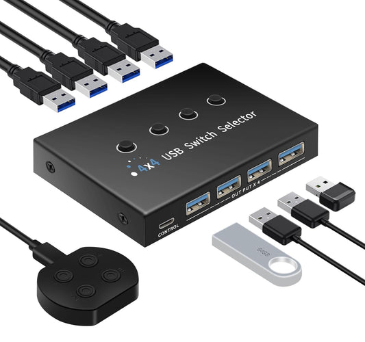 USB 3.0 Switch 4 Computers 3 Computers Keyboard Mouse,4 Port USB Switcher Sharing Mouse Keyboard Scanner Printer, Includes Cables and Remote