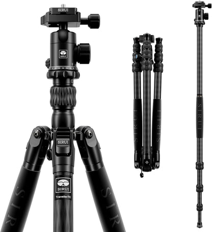 SIRUI Traveler 7C Camera Tripod 65.55 inches Carbon Fiber Arca Tripod with E-10 360° Panorama Ball Head and Arca Swiss Quick Release Plate Load Capacity Up to 17.6lbs, Convertible to Monopod