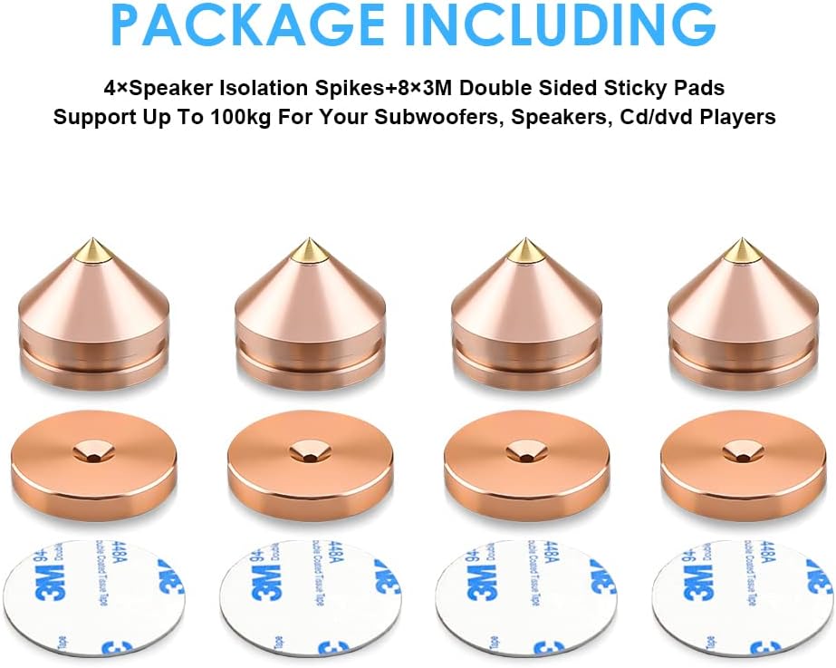 4Pcs Speaker Spikes Floor Protectors Shockproof Speaker Isolation Spikes with Base Pad for Speaker,Subwoofer,Amplifier,Turntable,Recorder CD DAC with 3m Adhesive (Gold)