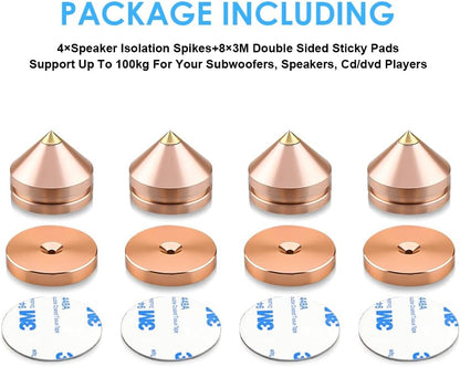 4Pcs Speaker Spikes Floor Protectors Shockproof Speaker Isolation Spikes with Base Pad for Speaker,Subwoofer,Amplifier,Turntable,Recorder CD DAC with 3m Adhesive (Gold)