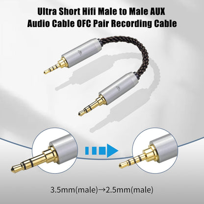 okcsc 3.5MM Male to 2.5MM Male Ultra Short Hifil Male to Male AUX Audio Cable OFC Pair Recording Cable Wire-Breakage-Prevention Design Adoption of 8-Core Braided Structure 5.82 inch
