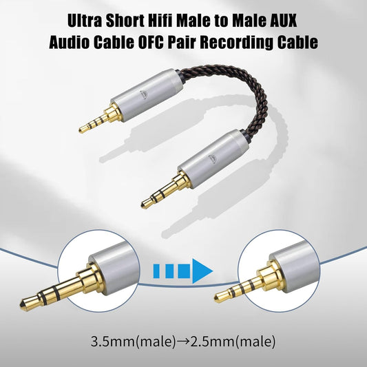 okcsc 3.5MM Male to 2.5MM Male Ultra Short Hifil Male to Male AUX Audio Cable OFC Pair Recording Cable Wire-Breakage-Prevention Design Adoption of 8-Core Braided Structure 5.82 inch