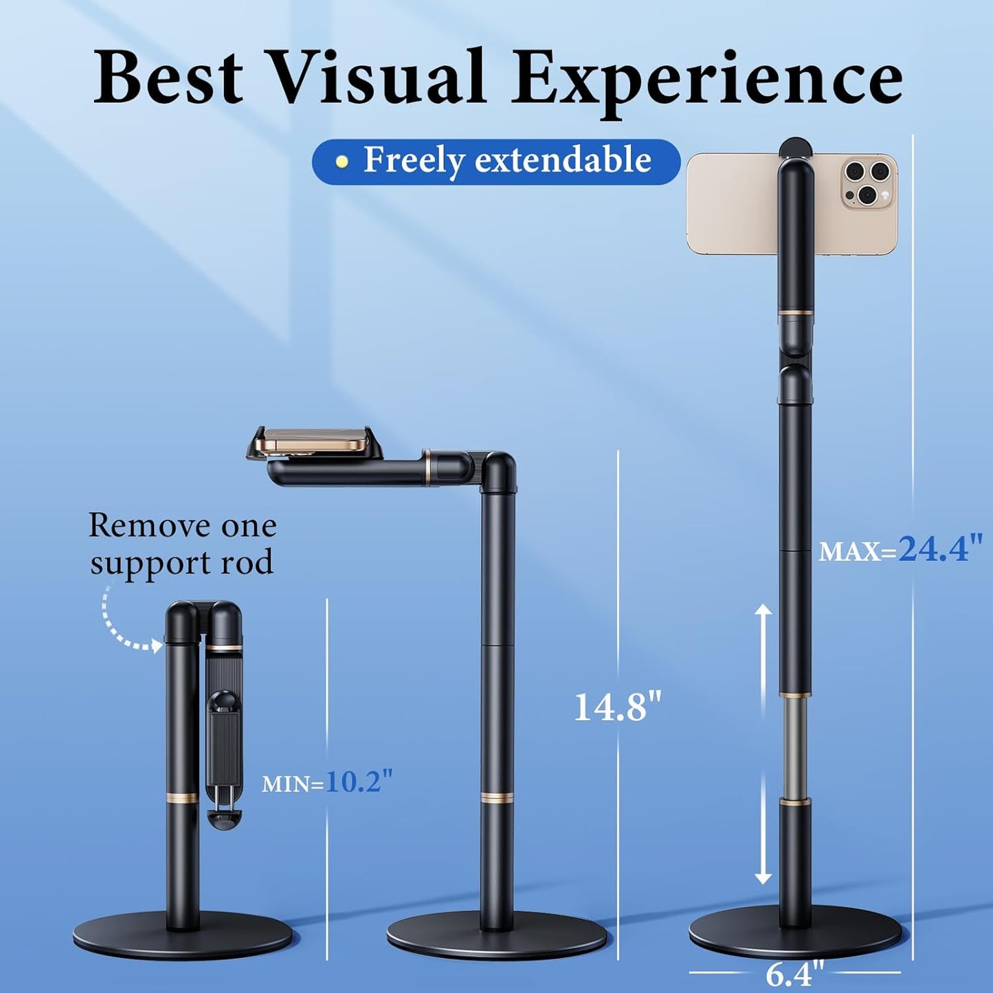 Angle Height Adjustable Phone Holder for Desk [10"-25"] - Retractable Cell Phone Holder for Video Recording Cooking Excising Working Reading -Aluminum Universal iPhone 16 15 14 13 Stand