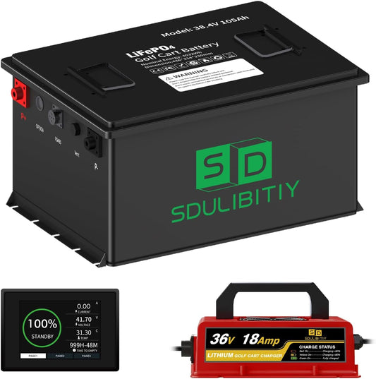 36V(38.4V) 105Ah LiFePO4 Golf Cart Battery, Built-in Smart 200A BMS, with Touch Monitor, Mobile APP, 4000+ Cycles Rechargeable Lithium Golf Cart Battery, Max 7.68kW Power Output, Perfect for Golf Cart