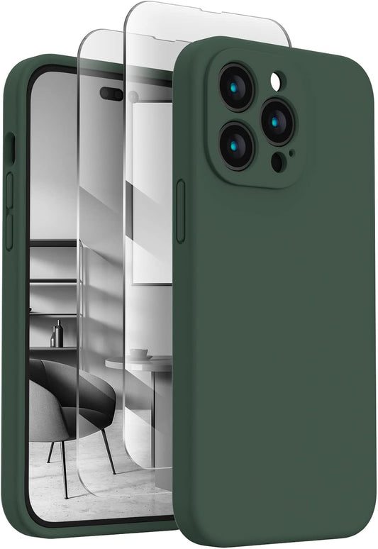 FireNova Designed for iPhone 14 Pro Case, Silicone Upgraded [Camera Protection] Phone Case with [2 Screen Protectors], Soft Anti-Scratch Microfiber Lining Inside, 6.1 inch, Alpine Green