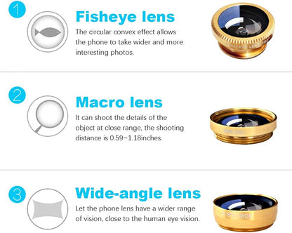 3 in 1 Cell Phone Camera Lens Kit Wide Angle Macro Fisheye Lens Universal for Smart Phones iPhone Samsung Android(Gold)