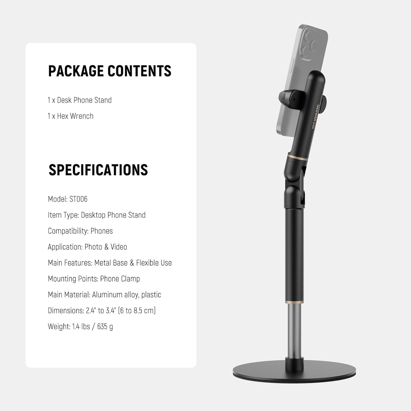 NEEWER Basics Cell Phone Stand for Desk, Adjustable Phone Holder Clamp with Weighted Metal Base, Office Table Phone Mount Compatible with iPhone 16 15 Pro Max Plus Samsung for Video Recording, ST006