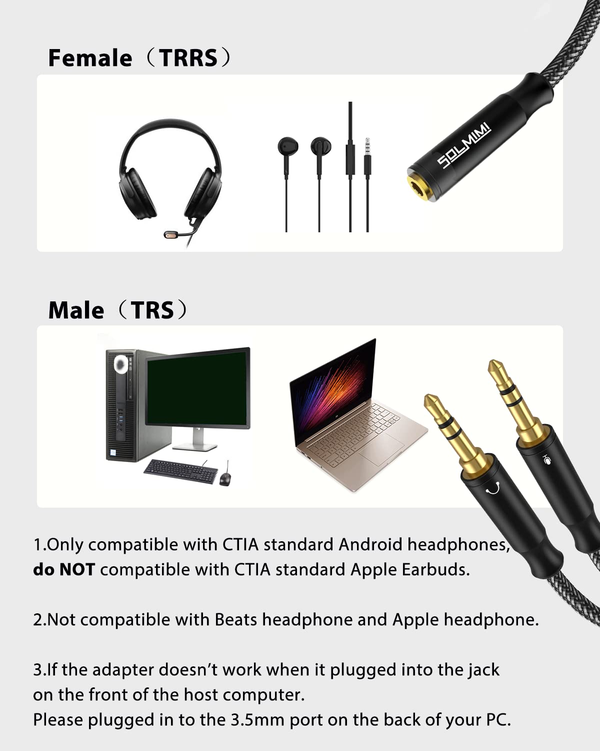 Headset Splitter Cable for PC 3.5mm Crystal-Nylon Braid Female to Dual 3.5mm TRS Male Headphone Mic Audio Y Splitter Cable CTIA Gaming Headset to PC Adapter - Matte Black 0.3M