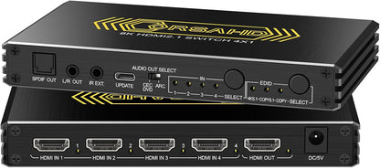 4K@120Hz HDMI 2.1 Switch 4 in 1 Out with Audio Extractor,48Gbps,HDCP 2.3,HDR 10+,ARC,VRR,ALLM,CEC,IR Remote,Optical SPDIF 5.1Ch,AUX L/R 3.5mm 2.1Ch,HDMI Switcher 4x1,4 Port HDMI Selector