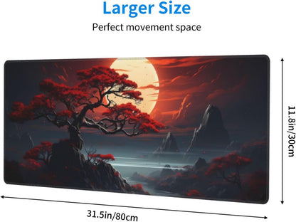 Darkness Red Moon Desk Mat Japanese Mouse Pad, Large Japanese Desk Mat, XL Anime Gaming Keyboard Mat, Non-Slip Rubber Base, Big Extended Desk Protector for Home Office, 31.5”x11.8”