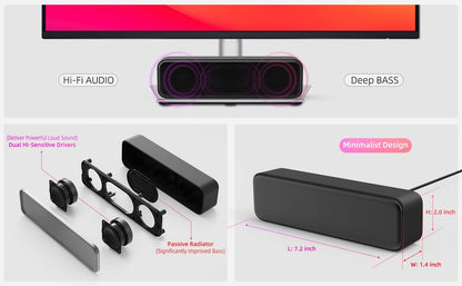 Computer Speakers for Desktop PC, External Speakers for Laptop, Mini Computer Soundbar for PC, Wired USB Plug in Speakers with Loud Sound, Deep Bass, Wide Compatibility – Bult-in USB C to USB Adapter