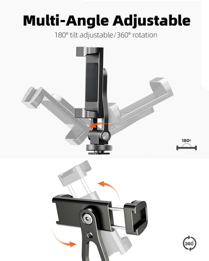 All Metal Phone Tripod Mount, 360° Rotation Tripod Phone Mount with 2 Cold Shoes, Adjustable Cell Phone Mount Adapter with 1/4" Thread, Compatible with iPhone Android Phones, Digital Camera