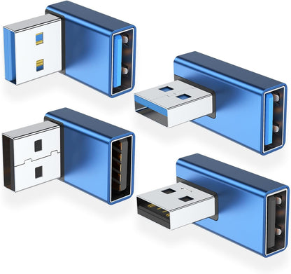 AreMe 90 Degree USB 3.0 Adapter 4 Pack, Up and Down Angle, Left and Right Angle USB A Male to Female Converter Extender for PC, Laptop, USB A Charger, Power Bank and More (Blue)
