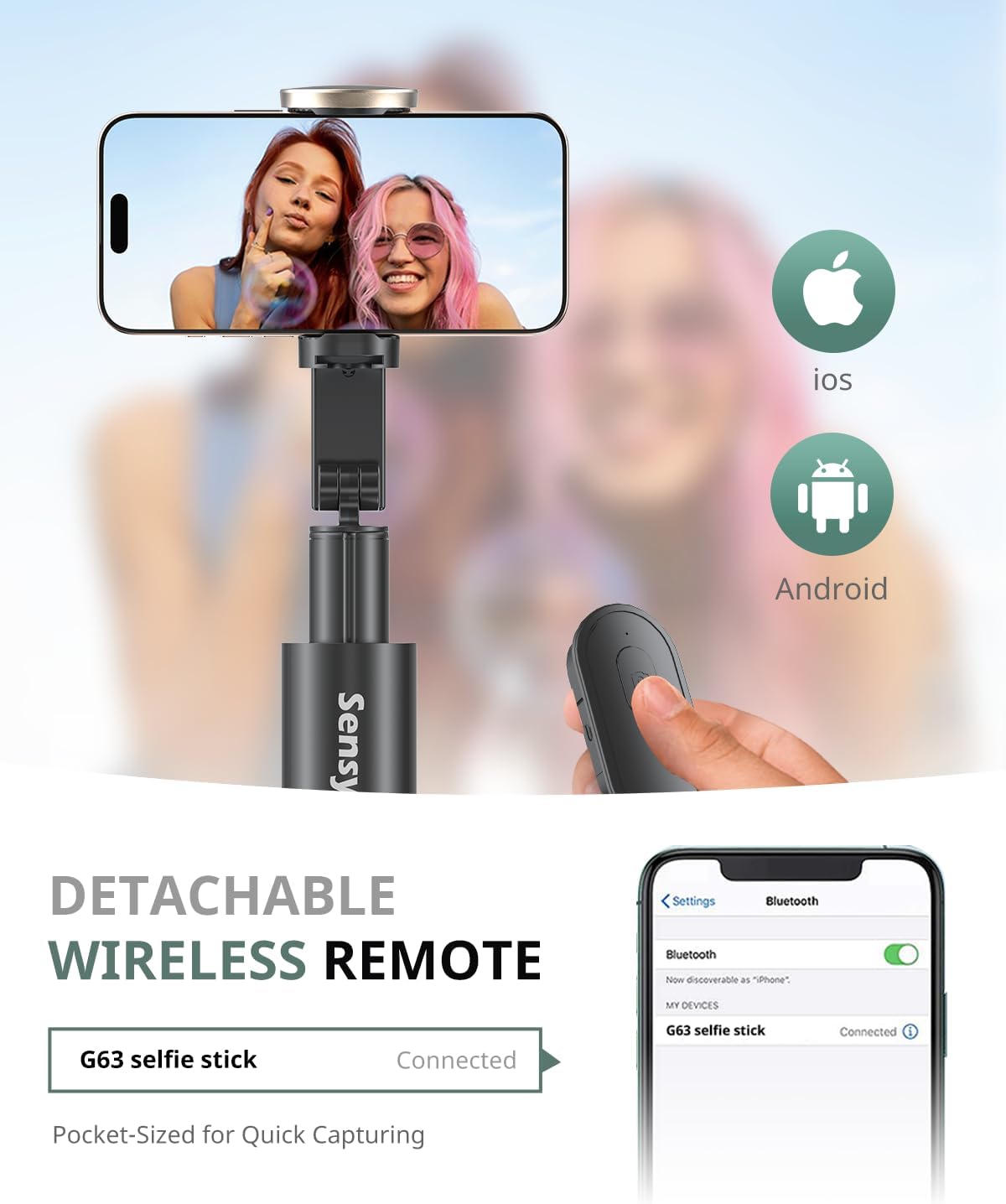 Sensyne 63" Selfie Stick Tripod, Extendable Phone Tripod with Wireless Remote Compatible with Cell Phones for Selfies, Photography,Video, Live Stream