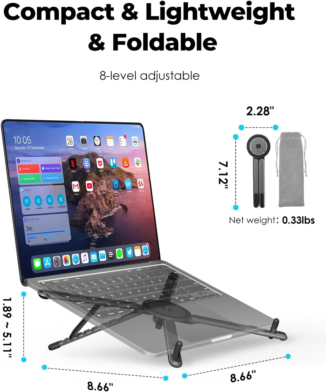 Viozon Magnetic Phone Holder Tripod, Portable Laptop Stand for Desk, Compatible with 10–16" Laptops and 4–13" Phones/Tablets, Compact Foldable Aluminum Alloy,Travel Essentials