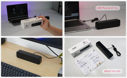 Computer Speakers for Desktop PC, External Speakers for Laptop, Mini Computer Soundbar for PC, Wired USB Plug in Speakers with Loud Sound, Deep Bass, Wide Compatibility – Bult-in USB C to USB Adapter