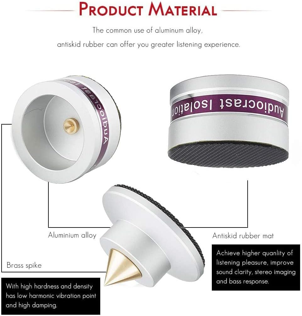 Tertullus 4 Pcs Aluminum Speaker Spike+Speaker Isolation Feet Top Pad Turntable Isolation Feet for Amplifier Speaker Turntable Player Subwoofer Silver