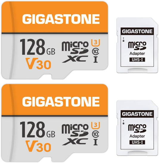 GIGASTONE 128GB Micro SD Card 2-Pack, A1 V30 4K Video Recording, Compatible with Security Camera, Dash cam, Drone, 95MB/s MicroSDXC Memory Card UHS-I Class 10, with 2 SD Adapter