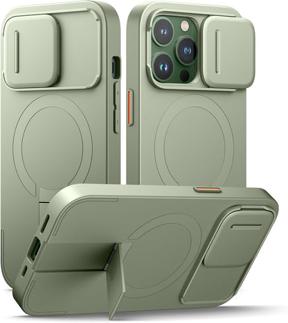 SURITCH for iPhone 13 Pro Case with Magnetic Camera Slide Cover and Adjustable Kickstand, Compatible with MagSafe, Shockproof Bumper Case Slim Protective Cover for iPhone 13 Pro 6.1 Inch, Green