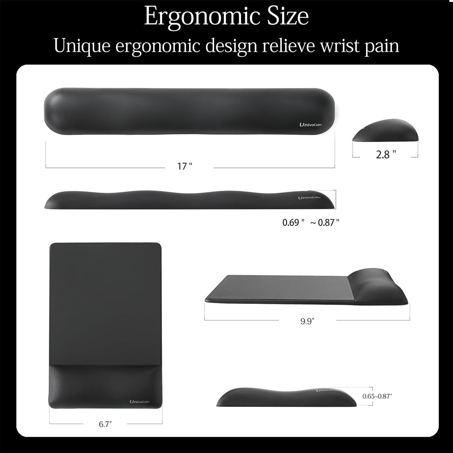 UnivoColors Design-Wave Set of Keyboad Wrist Rest & Mouce Pad,Artificial Sheepskin+Memory Foam+Ergonomic+Anti-Slip Gel, Resilience Support During Work and Gaming,Keyboard Accessory,Black