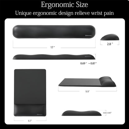 UnivoColors Design-Wave Set of Keyboad Wrist Rest & Mouce Pad,Artificial Sheepskin+Memory Foam+Ergonomic+Anti-Slip Gel, Resilience Support During Work and Gaming,Keyboard Accessory,Black