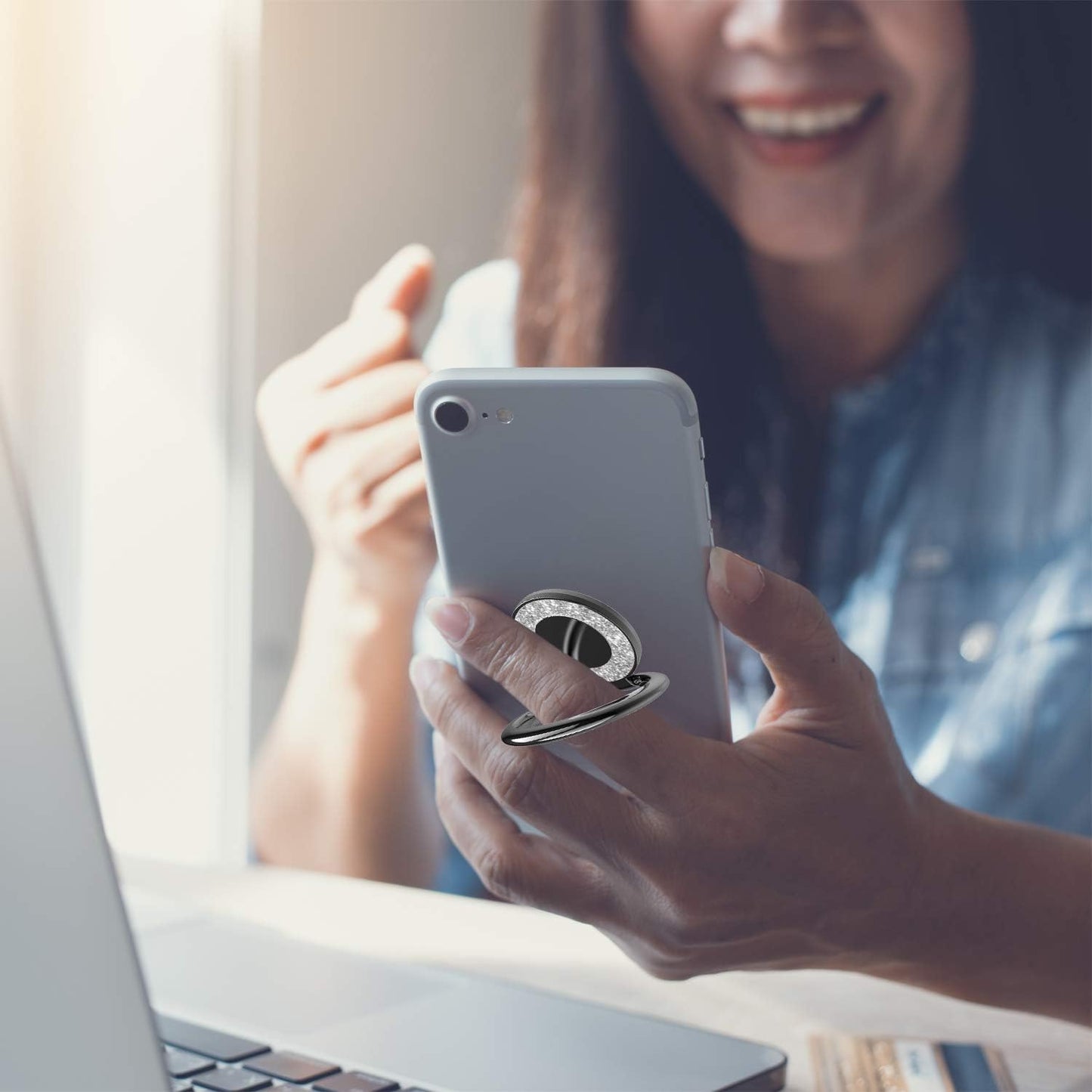 Cell Phone Ring Holder Stand, Cell Phone Grip Holder, Adhesive Phone Grip for Phones and Cases. (Glitter Black)