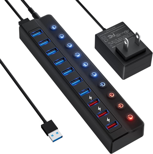 Powered USB Hub, 10-Port USB Splitter Hub (7 Faster Data Transfer Ports+ 3 Smart Charging Port) with Individual LED On/Off Switches and 12V/3A Power Adapter USB Extension for Mac, PC and More