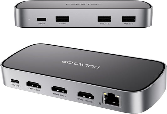 3 HDMI Triple USB C Docking Station, PULWTOP Laptop Docking Station Dual 4K Display for MacBook M1/M2/M3/Windows, Universal USB C Dock with Power Adapter, PD, 10Gbps USBC/A Data,2 USB-A 2.0, Ethernet